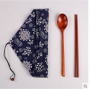 日式和风木质筷子勺子套装旅行便携日本餐具碎花袋三件套学生包邮