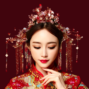 中式婚礼古典秀禾服新娘造型复古头饰清新琉璃花朵结婚盘发饰品