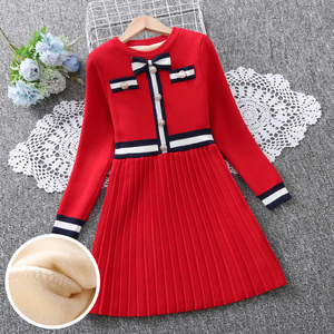 女童毛衣连衣裙秋冬公主裙红色洋气时髦学院风针织小女孩儿童裙子