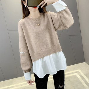 圆领拼接下摆衬衫针织假两件套头女2022秋季新款韩版休闲上衣毛衣