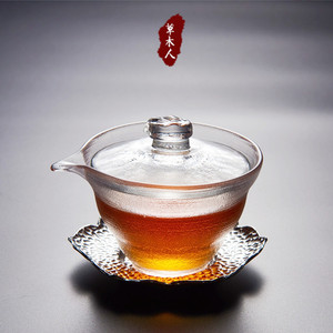 日式手工磨砂玻璃手抓壶 加厚盖碗快客杯耐高温耐热水晶透明茶具