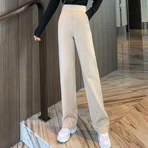 米色裤子女春秋直筒毛呢阔腿裤不打皱高腰垂感拖地裤高瘦女生穿搭
