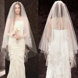 新款新娘结婚婚纱头纱蕾丝双层插梳遮面进口加密软网头纱