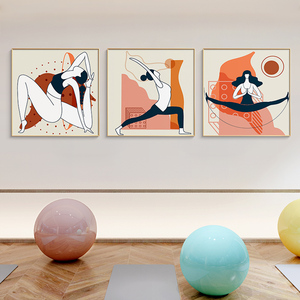瑜伽馆装饰画现代简约普拉提舞蹈室挂画卡通人物运动健身三联壁画