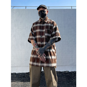 潮艺品美式复古奇卡诺格子衬衫男宽松夏季原创匪帮街头西海岸衬衣