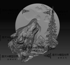 狼头侧啸月猛兽浮雕装饰画obj精雕图jdp灰度图bmp雕刻图3d模型stl