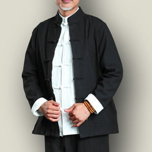 唐装男士套装春秋季中式长袖纯棉亚麻中国风复古中老年三件套男装