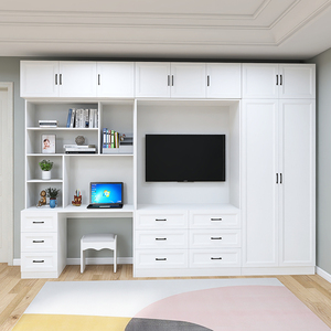 电视柜衣柜一体组合背景墙小户型客厅收纳储物整体实木书架高柜