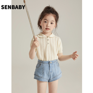 Senbaby童装定制女童夏装轻薄镂空polo针织衫中大童百搭短袖上衣