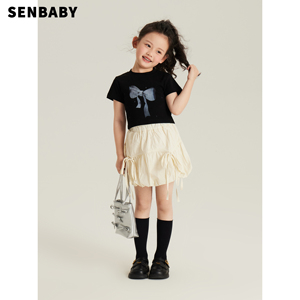 senbaby童装女童T恤女宝宝夏季套装中大童蝴蝶结短袖上衣+灯笼裙