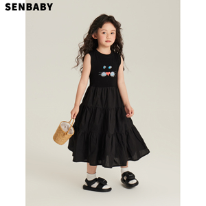 senbaby童装儿童连衣裙女童夏新款休闲裙中大童黑色小猫T恤拼接裙
