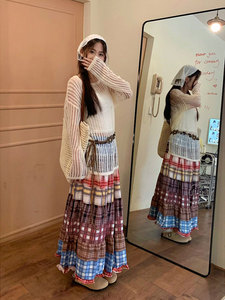 波西米亚民族风格子蛋糕裙半身裙女夏季a字长裙子到脚踝半裙套装