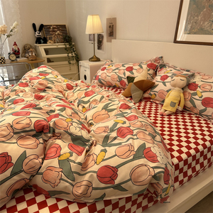 ins风红色郁金香小兔床上用品四件套1.5米被套床单学生宿舍三件套