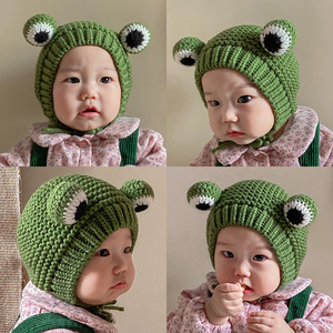 婴儿帽子秋冬加绒保暖毛线帽小青蛙可爱超萌宝宝护耳帽儿童针织帽