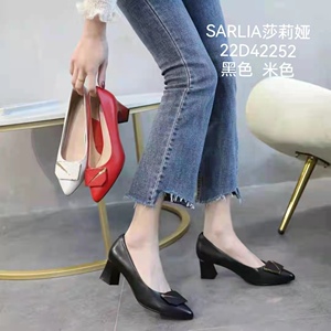 莎莉娅2022春季新款42252浅口全皮粗跟中跟女鞋单鞋