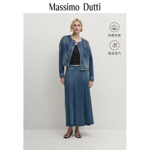 新品特惠MassimoDutti2024夏季女装时髦复古蓝色纯棉短款圆领牛仔夹克外套06710510427