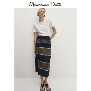新品特惠MassimoDutti2024女装法式复古条纹时髦侧开叉纯棉修身直筒半身裙05274823422