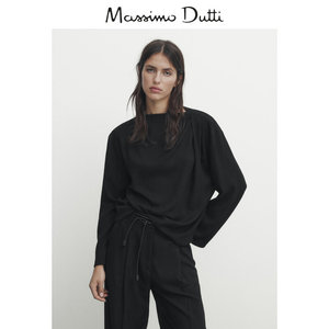 新品特惠 MassimoDutti2024夏季女装法式优雅设计感褶皱细节黑色长袖衬衫 05137736800