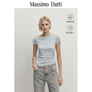 春夏新品MassimoDutti2024女装清新天蓝色修身款亲肤纯棉罗纹圆领短袖T恤06204511403