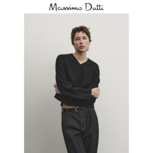 新品特惠 MassimoDutti2024夏季女装极简气质优雅智性通勤黑色V领长袖衬衫 05118672800