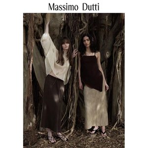 春夏新品MassimoDutti2024女装法式气质通勤风复古棕色纯亚麻抽绳半身长裙05217100717