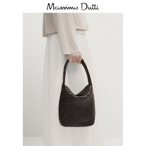 春夏新品 Massimo Dutti 2024女士配件 棕色高级感编织软面真皮皮包水桶包 06918602700
