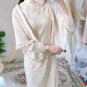川黛珠玉落针织披肩盘扣旗袍外搭流苏小披肩民国风春夏女