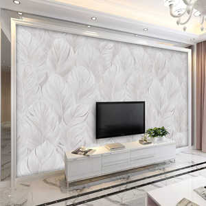沙发电视背景墙壁纸现代简约墙纸白色羽毛墙布卧室壁画影视墙壁布