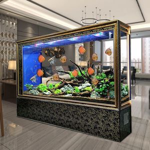美之海复古鱼缸客厅屏风隔断中型家用玻璃金鱼缸落地免换水水族箱