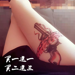 性感大腿蕾丝手枪纹身贴防水 逼真 女款手臂粉红色蝴蝶结彩色刺青