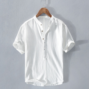 棉麻t恤男士夏季薄款日系立领亚麻短袖衬衫冰丝白色Polo休闲上衣