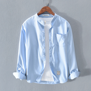 男士休闲衬衣男夏天韩版宽松复古街头纯色薄款蓝色长袖衬衫潮寸褂