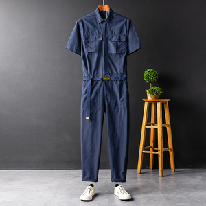日系薄款短袖连体套装男女夏季休闲长裤工装连体衣藏青色支持定制