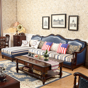 美式乡村皮布沙发欧式家具客厅复古转角贵妃椅简约轻奢组合茶几