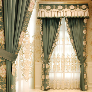 意大利绒布美式绣花窗帘大气简约客厅卧室窗帘遮光刺绣窗纱帘定制