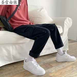 配马丁靴高帮小白板鞋的裤子显瘦腿长男宽松矮个子腿粗直筒工装裤