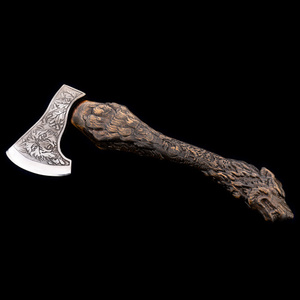 俄罗斯战斧大师罗德斯拉夫手工制作65g碳钢双面满雕森林狼战术斧