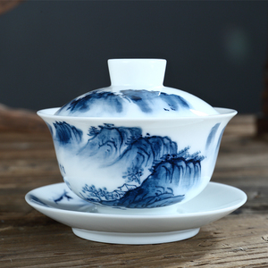 吴氏品雅三才盖碗高端茶杯手绘水乡风韵白瓷高档潮汕功夫茶具套装