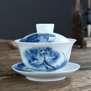 吴氏品雅三才盖碗高端茶杯手绘亭亭净植白瓷高档潮汕功夫茶具套装