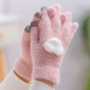 韩版手套女冬可爱加绒保暖学生ins简约可触屏棉毛绒五指针织爱心