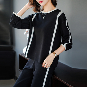 社会套装女2019春装新款韩版宽松显瘦冰丝针织两件套阔腿裤长裤潮