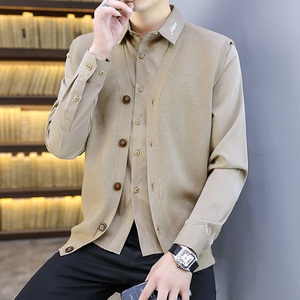 开衫毛衣男假两件春秋季潮牌针织衫个性外套2022新款衬衫领毛线衣