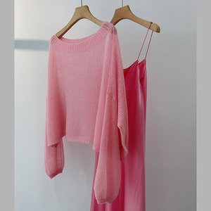 高级感软糯冰丝绒长袖薄款针织衫女夏季宽松树莓粉色oversize上衣