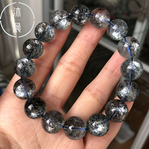 星光黑骨干海蓝宝手链颗颗黑云母共生爆闪银河系猫眼效应沐晨水晶