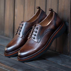 弓长梦2022新款男鞋头层牛皮透气舒适皮鞋男商务英伦圆头德比鞋