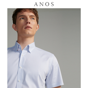 ANOS短袖男士衬衫夏季休闲潮流新款免烫抗皱蓝色条纹尖领暗扣衬衣
