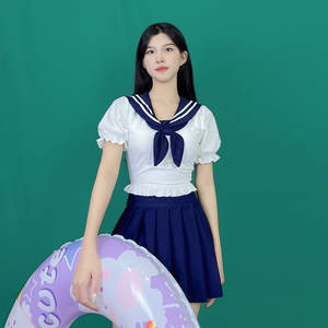 泳衣女海军水手服比基尼小胸聚拢学生死库水温泉拍照泳装9人付款89