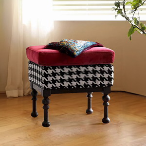 法式复古风实木酒红色化妆凳梳妆凳美式轻奢ins卧室家用软包矮凳