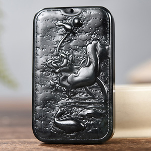 千尺山 和田玉墨玉连年有余玉牌子莲花金鱼挂件吊坠 37克