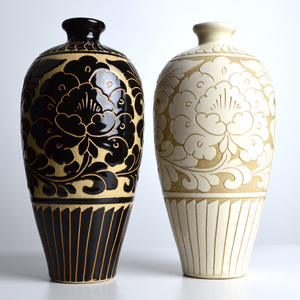 居家装饰品陶瓷摆件邯郸特产磁州窑小中大号花瓶黑白釉刻剔花牡丹